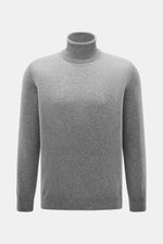 Aida Barni Cashmere turtleneck sweater grey melange shown from a front perspective, pure cashmere, soft feel, fine knit, slim fit, close-fitting turtleneck, flexible ribbed cuffs. Italian knitwear, warm autumn/winter must-have.