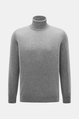 Aida Barni Cashmere turtleneck sweater grey melange shown from a front perspective, pure cashmere, soft feel, fine knit, slim fit, close-fitting turtleneck, flexible ribbed cuffs. Italian knitwear, warm autumn/winter must-have.