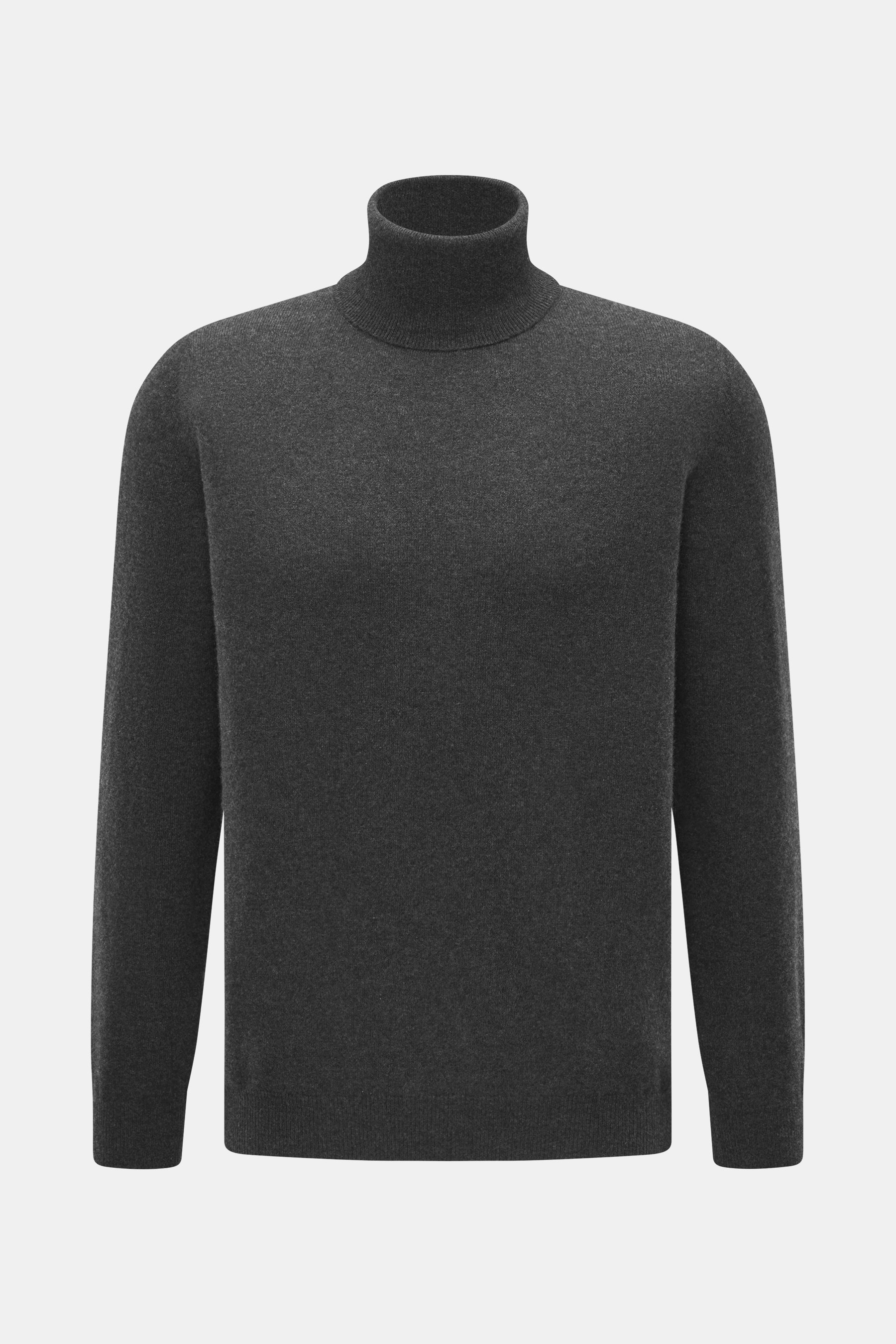 Aida Barni Cashmere Rollkragenpullover dunkelgrau meliert, frontale Nahaufnahme, reiner Cashmere, weicher Griff, feines Strickbild, Slim Fit, anliegender Rollkragen, flexible Rippbündchen.
