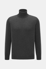 Aida Barni Cashmere turtleneck sweater dark grey melange shown from front, pure cashmere, soft feel, fine knit, slim fit, close-fitting turtleneck, ribbed cuffs.