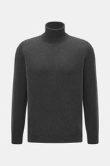 Aida Barni Cashmere turtleneck sweater dark grey melange shown from front, pure cashmere, soft feel, fine knit, slim fit, close-fitting turtleneck, ribbed cuffs.