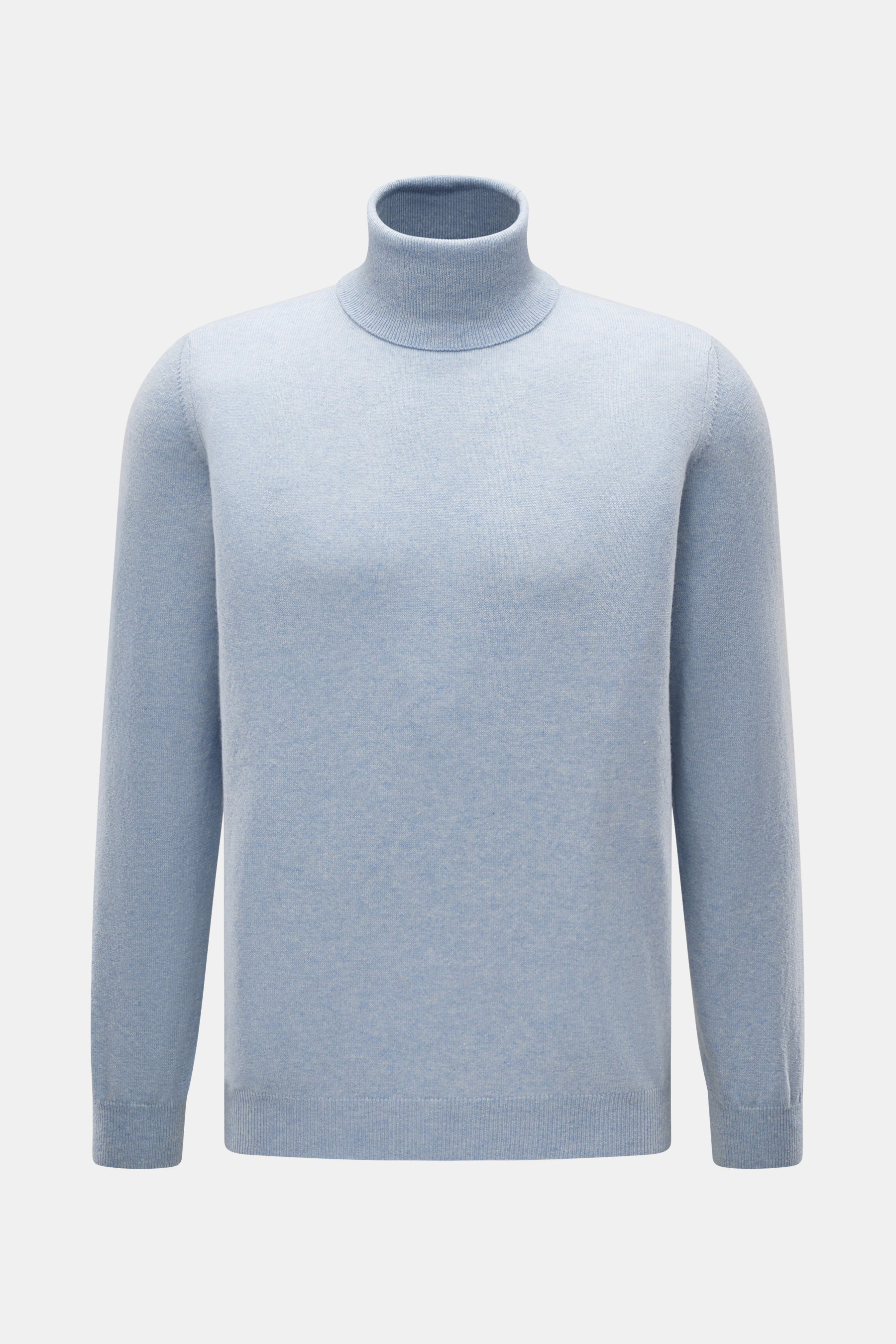 Aida Barni Cashmere Rollkragenpullover hellblau meliert, Slim Fit, reiner Cashmere, weicher Griff, feines Strickbild, anliegender Rollkragen, flexible Rippbündchen, frontal fotografiert.