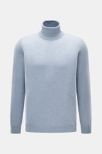 Aida Barni Cashmere turtleneck sweater light blue melange shown from the front, featuring pure cashmere, soft feel, fine knit pattern, slim fit, close-fitting turtleneck, and flexible ribbed cuffs. Italian knitwear by AIDA BARNI: With a timeless look and 