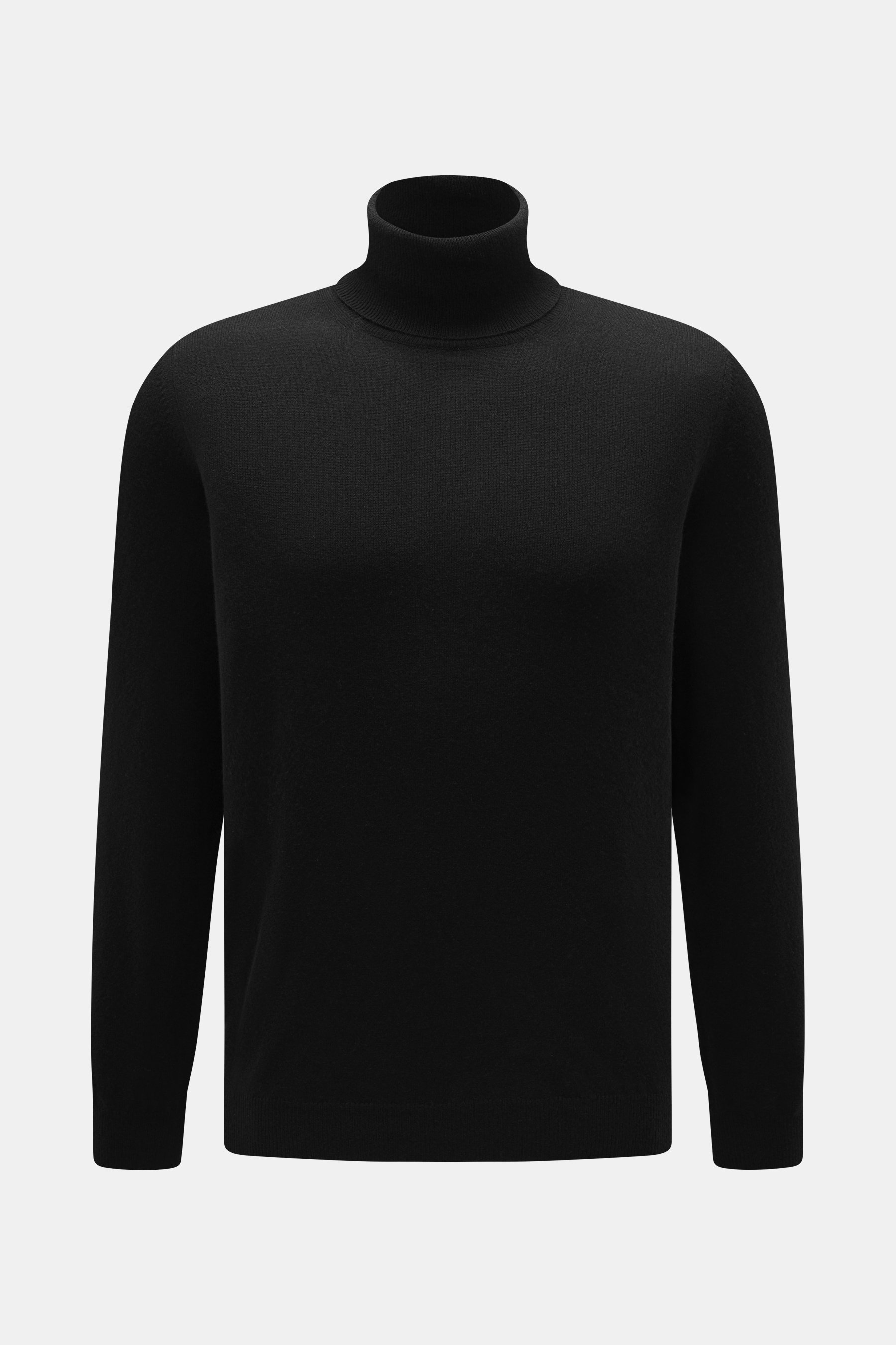 Front view of Aida Barni Cashmere turtleneck sweater black, pure cashmere with soft feel, fine knit pattern, slim fit, close-fitting turtleneck, and flexible ribbed cuffs; Italian knitwear, a warm must-have for autumn/winter.