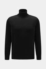 Front view of Aida Barni Cashmere turtleneck sweater black, pure cashmere with soft feel, fine knit pattern, slim fit, close-fitting turtleneck, and flexible ribbed cuffs; Italian knitwear, a warm must-have for autumn/winter.