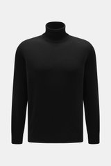 Front view of Aida Barni Cashmere turtleneck sweater black, pure cashmere with soft feel, fine knit pattern, slim fit, close-fitting turtleneck, and flexible ribbed cuffs; Italian knitwear, a warm must-have for autumn/winter.