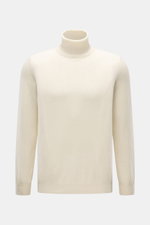 Aida Barni Cashmere turtleneck sweater cream shown from the front, pure cashmere, soft feel, fine knit, slim fit, close-fitting turtleneck, flexible ribbed cuffs.