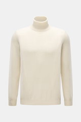 Aida Barni Cashmere turtleneck sweater cream shown from the front, pure cashmere, soft feel, fine knit, slim fit, close-fitting turtleneck, flexible ribbed cuffs.