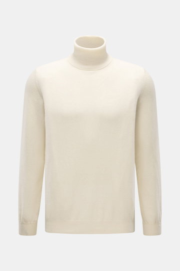 Aida Barni Cashmere turtleneck sweater cream shown from the front, pure cashmere, soft feel, fine knit, slim fit, close-fitting turtleneck, flexible ribbed cuffs.