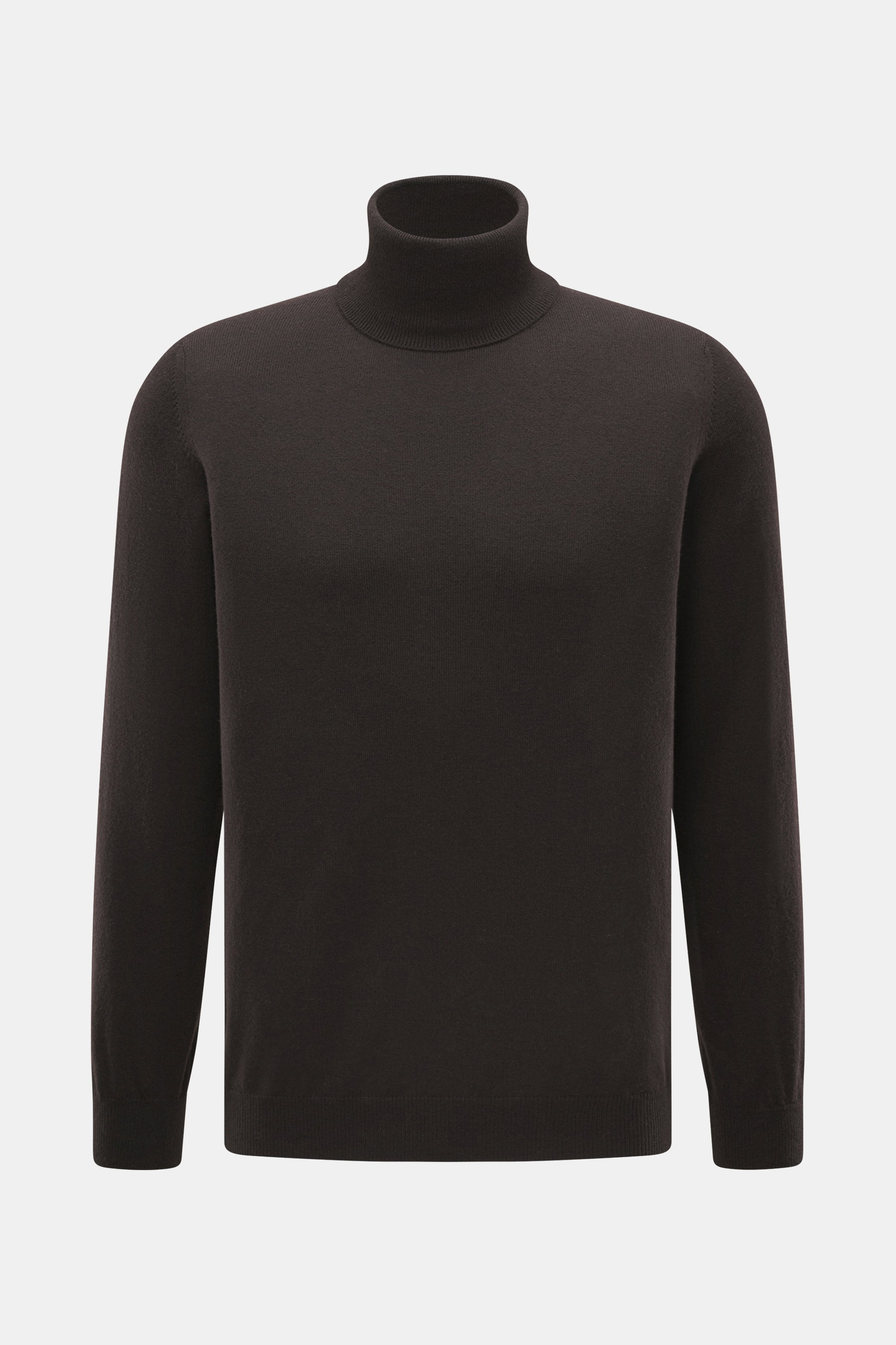 Aida Barni Cashmere Rollkragenpullover dunkelbraun, Slim Fit, feines Strickbild, weicher Griff, anliegender Rollkragen, flexible Rippbündchen, Frontansicht.