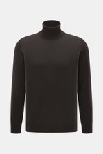 Aida Barni Cashmere turtleneck sweater dark brown shown from a front view, pure cashmere with soft feel, fine knit, slim fit, close-fitting turtleneck, and ribbed cuffs, Italian knitwear perfect for autumn/winter.
