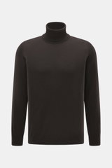 Aida Barni Cashmere turtleneck sweater dark brown shown from a front view, pure cashmere with soft feel, fine knit, slim fit, close-fitting turtleneck, and ribbed cuffs, Italian knitwear perfect for autumn/winter.