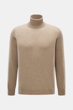 Front view of Aida Barni Cashmere turtleneck sweater beige melange, pure cashmere with soft feel, fine knit pattern, slim fit, close-fitting turtleneck, and flexible ribbed cuffs, Italian knitwear by AIDA BARNI, a warm must-have for autumn/winter.