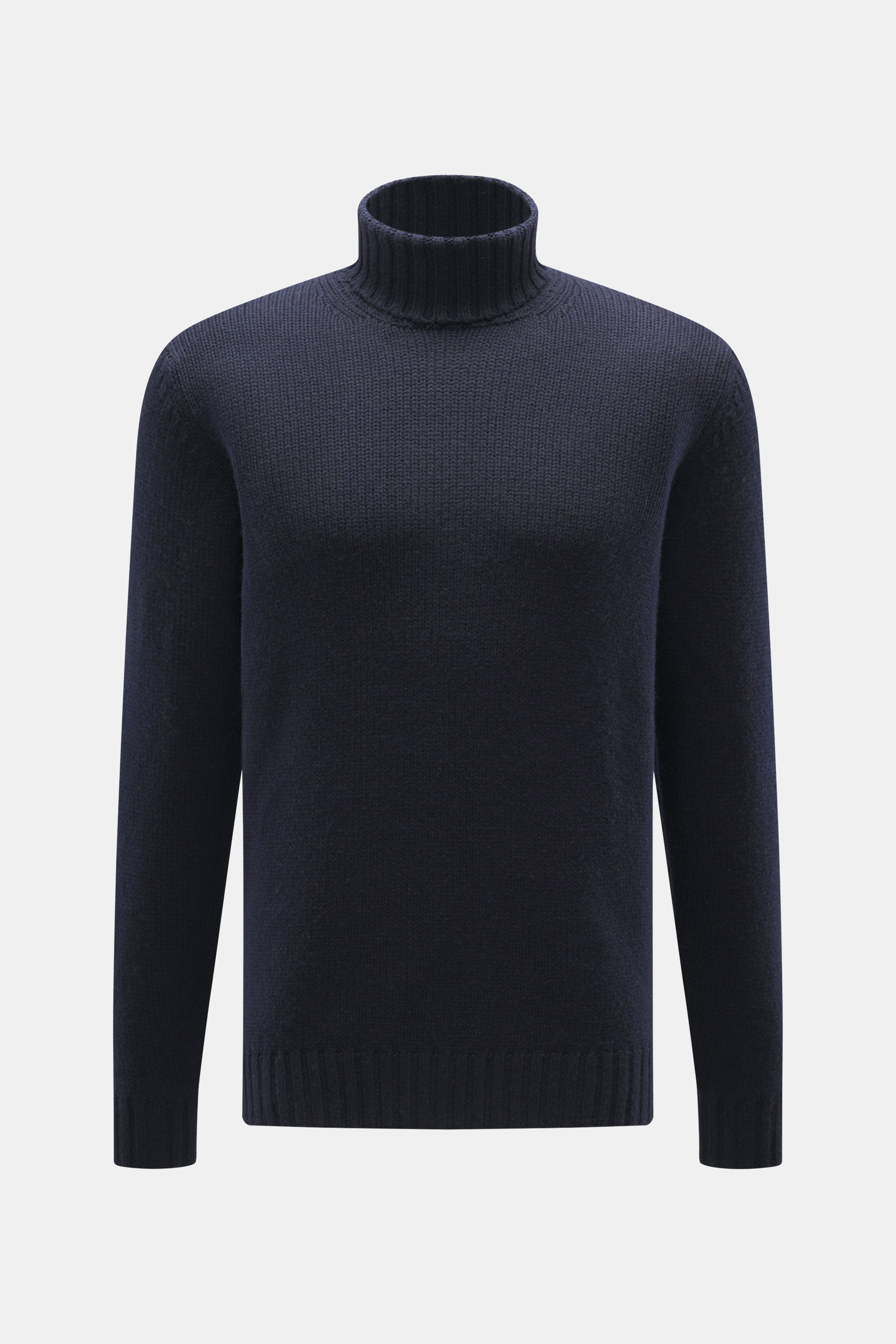 Della Ciana Rollkragenpullover navy, frontale Nahaufnahme, Mix aus Wolle und Cashmere, weicher Griff, mittelgrobes Strickbild, Slim Fit, Rollkragen, komfortable Rippbündchen.