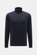 Della Ciana Rollkragenpullover navy, frontale Nahaufnahme, Mix aus Wolle und Cashmere, weicher Griff, mittelgrobes Strickbild, Slim Fit, Rollkragen, komfortable Rippbündchen.