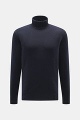 Della Ciana Rollkragenpullover navy, frontale Nahaufnahme, Mix aus Wolle und Cashmere, weicher Griff, mittelgrobes Strickbild, Slim Fit, Rollkragen, komfortable Rippbündchen.