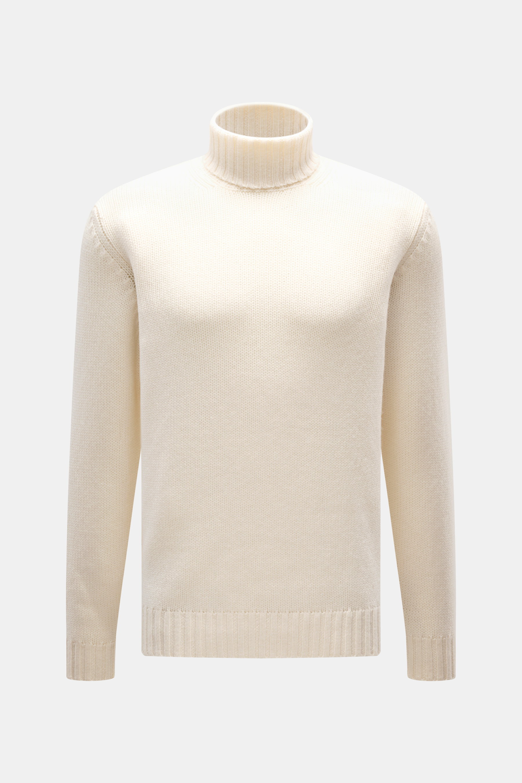 Della Ciana Rollkragenpullover creme, frontal fotografiert, Slim Fit, mittelgrobes Strickbild, Mix aus Wolle und Cashmere, weicher Griff, Rollkragen, komfortable Rippbündchen.