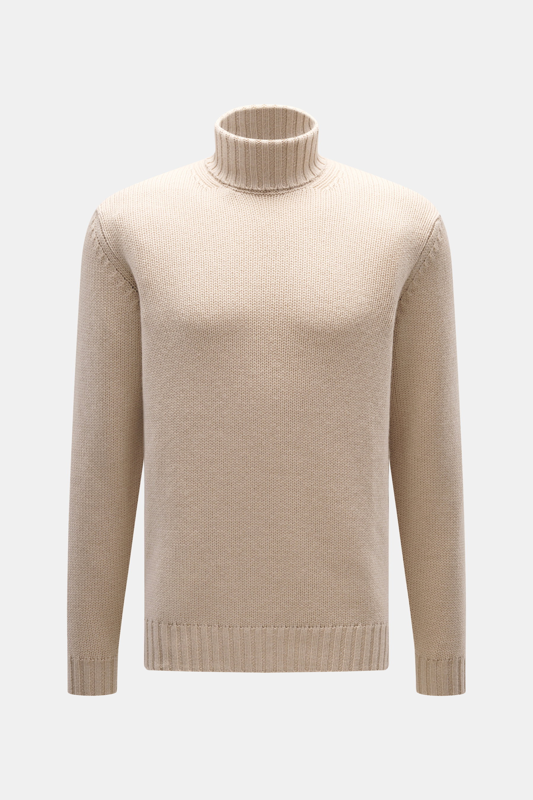 Frontansicht des Della Ciana Rollkragenpullovers beige mit Rollkragen, Slim Fit, mittelgrobem Strickbild, weichem Griff, Mix aus Wolle und Cashmere, komfortablen Rippbündchen.