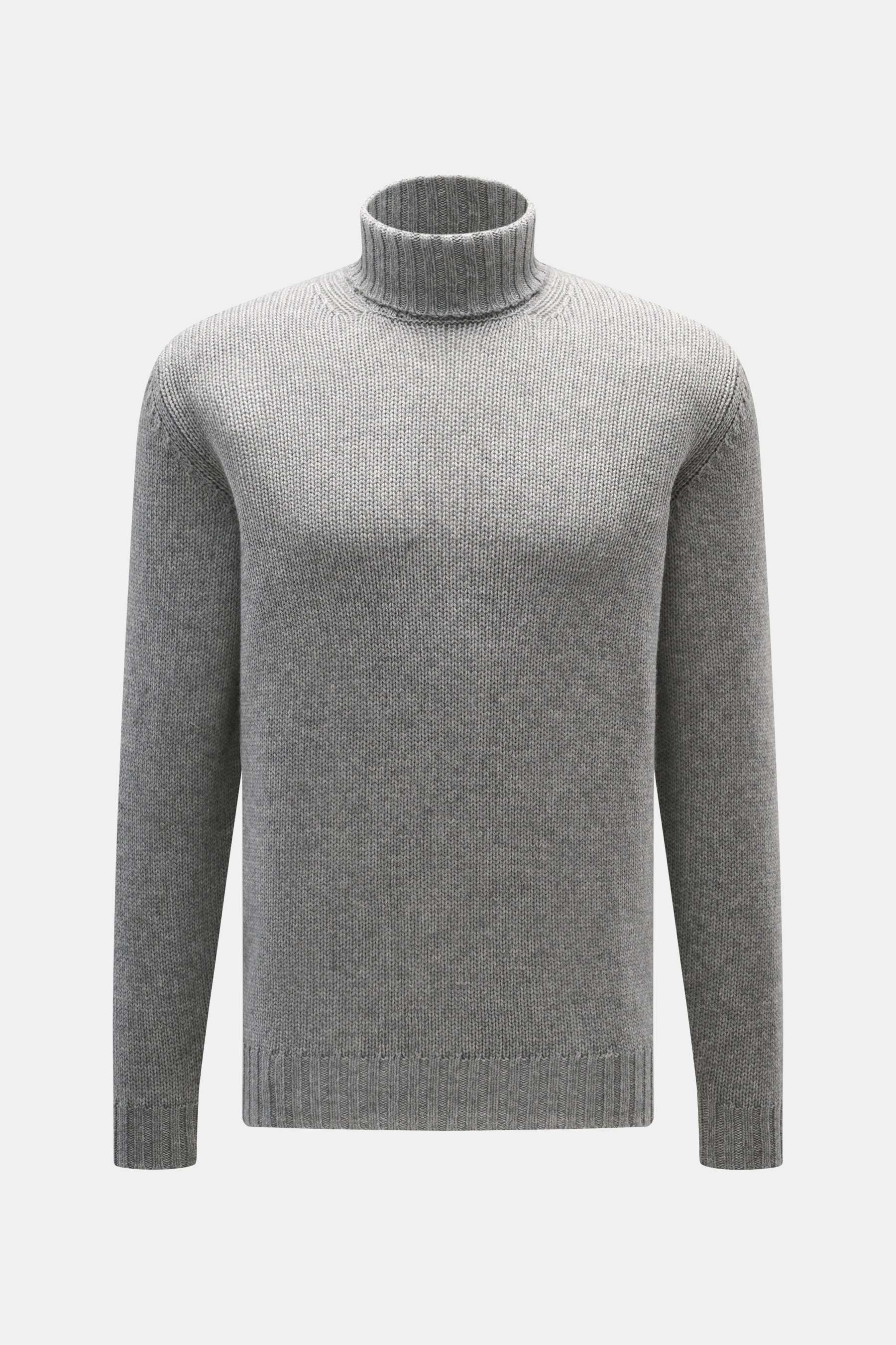 Della Ciana Rollkragenpullover grau meliert, frontal fotografiert, Mix aus Wolle und Cashmere, weicher Griff, mittelgrobes Strickbild, Slim Fit, Rollkragen, komfortable Rippbündchen.