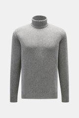 Della Ciana Rollkragenpullover grau meliert, frontal fotografiert, Mix aus Wolle und Cashmere, weicher Griff, mittelgrobes Strickbild, Slim Fit, Rollkragen, komfortable Rippbündchen.