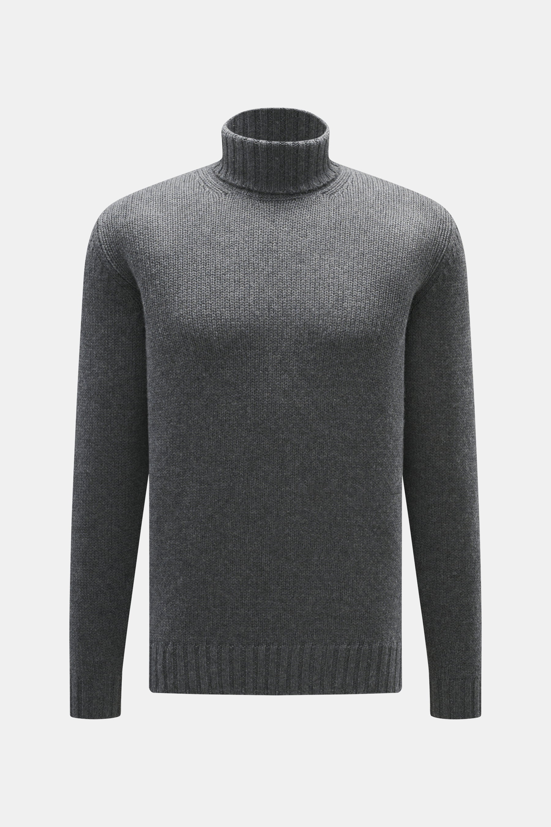 Della Ciana Rollkragenpullover dunkelgrau meliert, frontal fotografiert, Slim Fit, mittelgrobes Strickbild, weicher Griff, Mix aus Wolle und Cashmere, komfortable Rippbündchen, Rollkragen.