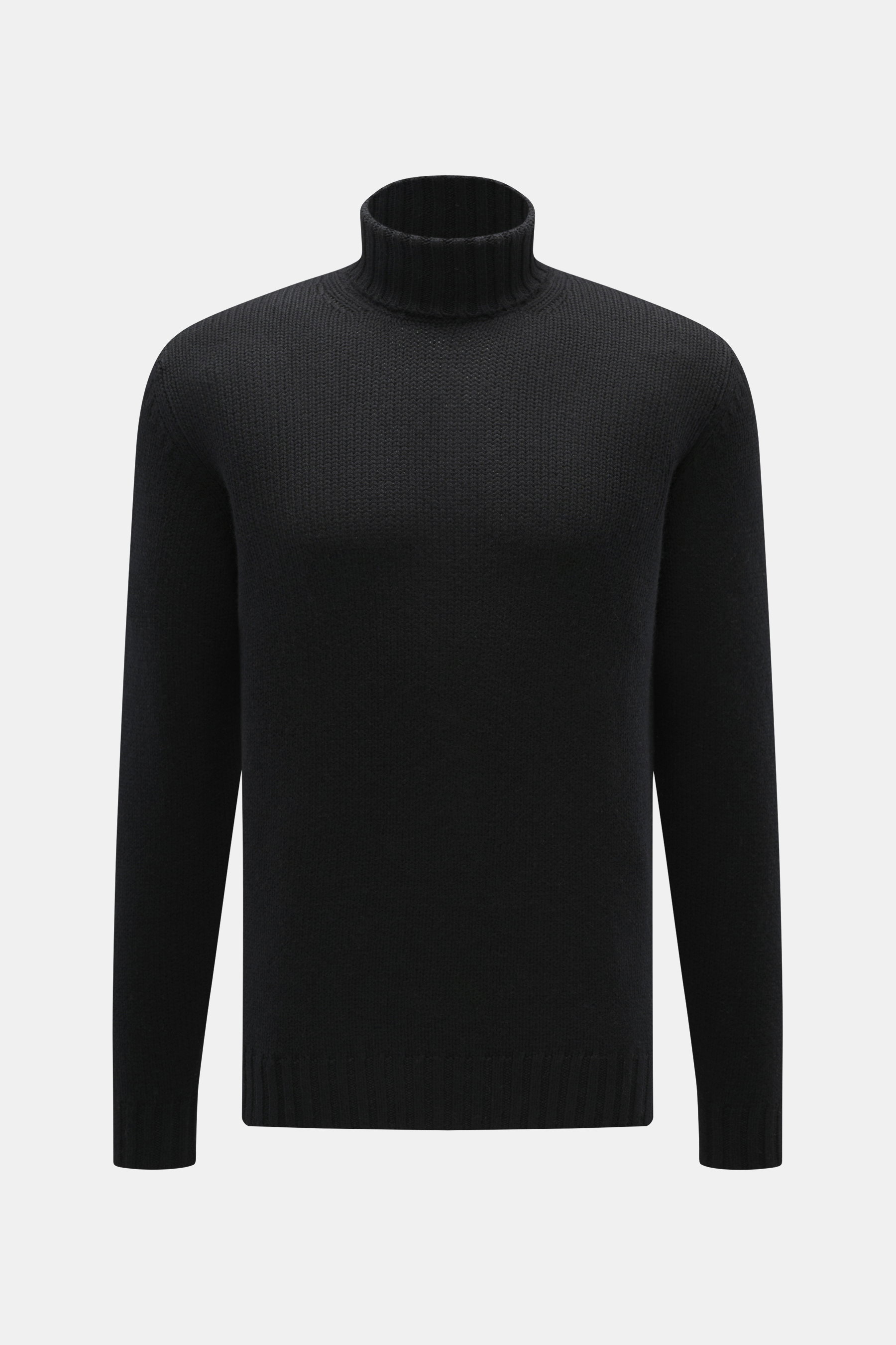 Della Ciana Rollkragenpullover schwarz, frontale Nahaufnahme, Mix aus Wolle und Cashmere, weicher Griff, mittelgrobes Strickbild, Slim Fit, Rollkragen, komfortable Rippbündchen.