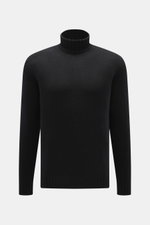 Della Ciana Rollkragenpullover schwarz, frontale Nahaufnahme, Mix aus Wolle und Cashmere, weicher Griff, mittelgrobes Strickbild, Slim Fit, Rollkragen, komfortable Rippbündchen.