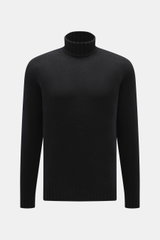Della Ciana Rollkragenpullover schwarz, frontale Nahaufnahme, Mix aus Wolle und Cashmere, weicher Griff, mittelgrobes Strickbild, Slim Fit, Rollkragen, komfortable Rippbündchen.