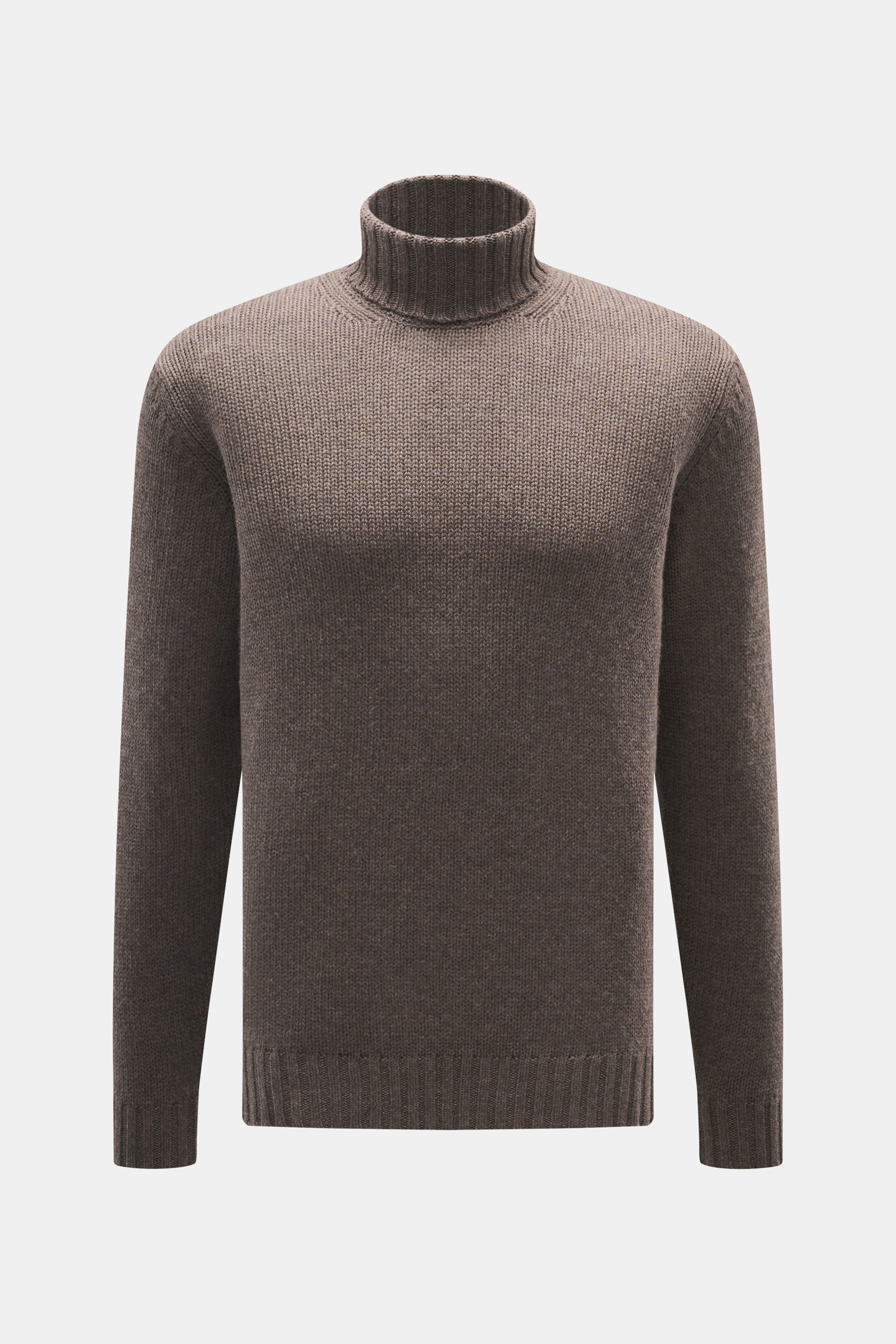 Frontale Nahaufnahme des Della Ciana Rollkragenpullover graubraun meliert mit Slim Fit, mittelgrobem Strickbild, weichem Griff, Rollkragen und komfortablen Rippbündchen, Mix aus Wolle und Cashmere.