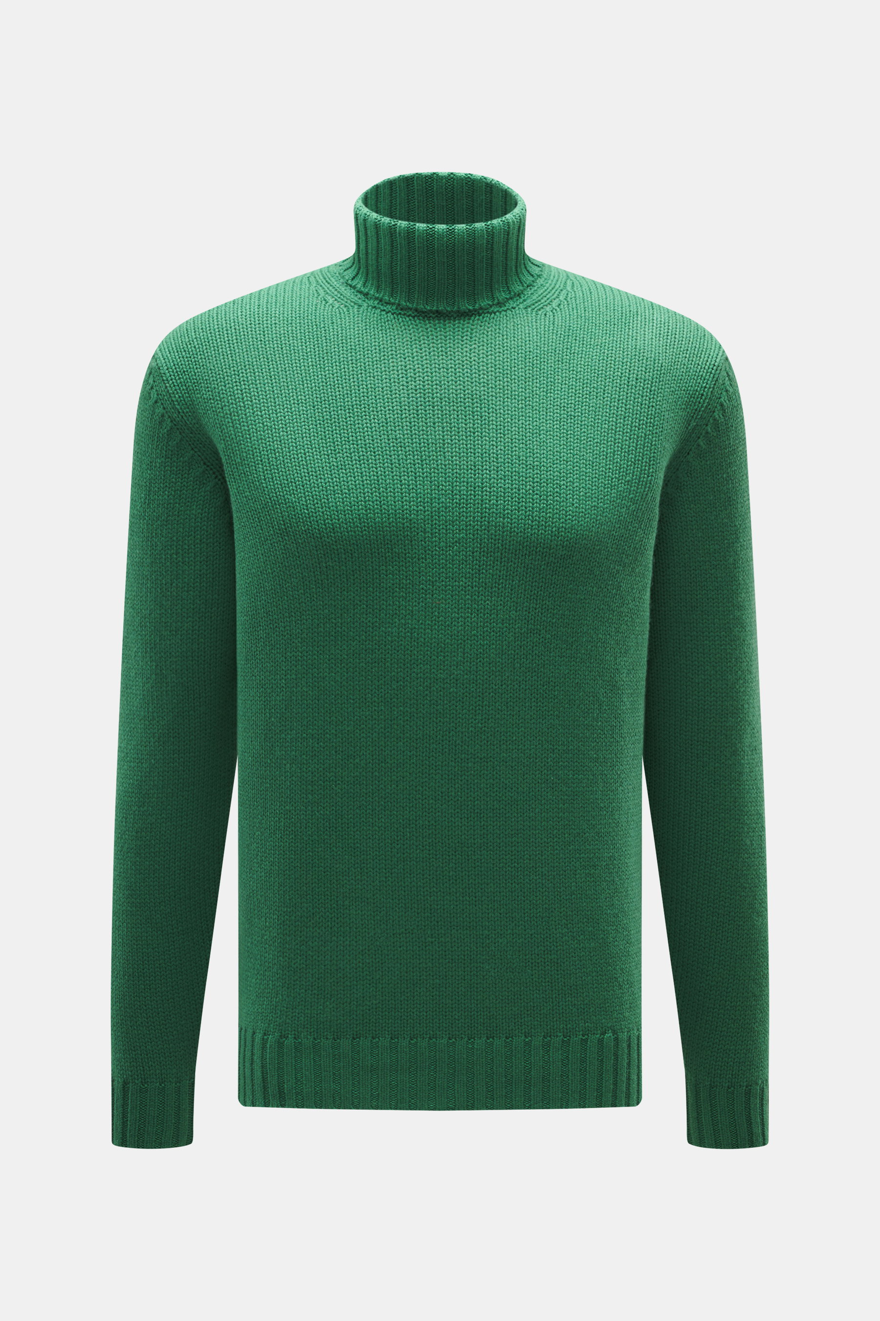 Della Ciana Rollkragenpullover grün, frontal fotografiert, Slim Fit, mittelgrobes Strickbild, Mix aus Wolle und Cashmere, weicher Griff, Rollkragen, komfortable Rippbündchen.