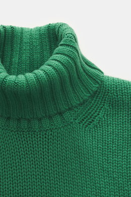 Nahaufnahme des Della Ciana Rollkragenpullovers grün, slim fit, aus Wolle und Cashmere, mit weichem Griff, mittelgroßem Strickbild, Rollkragen und Rippbündchen.