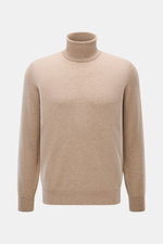Brunello Cucinelli Cashmere Rollkragenpullover beige meliert, Frontansicht, reiner Cashmere, Regular Fit, feines Strickbild, Rippbündchen, Kontrastkante am Ärmelabschluss.