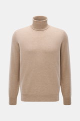 Brunello Cucinelli Cashmere Rollkragenpullover beige meliert, Frontansicht, reiner Cashmere, Regular Fit, feines Strickbild, Rippbündchen, Kontrastkante am Ärmelabschluss.