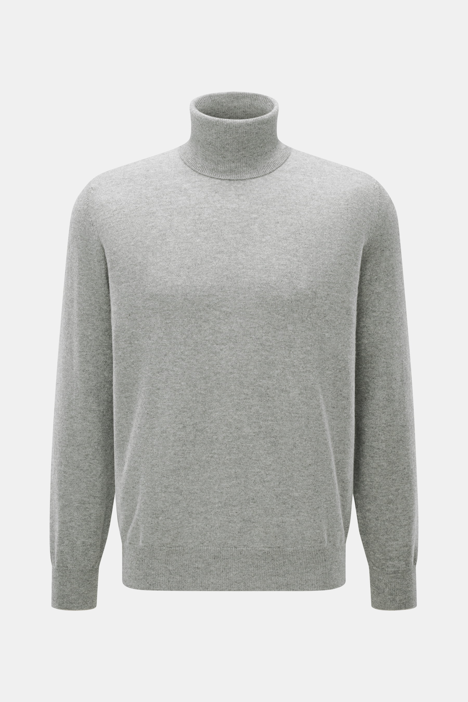 Brunello Cucinelli Cashmere Rollkragenpullover grau meliert, frontal fotografiert, reiner Cashmere, feines Strickbild, Regular Fit, anliegender Rollkragen, Rippbündchen, Kontrastkante am Ärmelabschluss.
