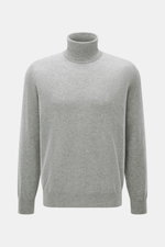 Brunello Cucinelli Cashmere Rollkragenpullover grau meliert, frontal fotografiert, reiner Cashmere, feines Strickbild, Regular Fit, anliegender Rollkragen, Rippbündchen, Kontrastkante am Ärmelabschluss.