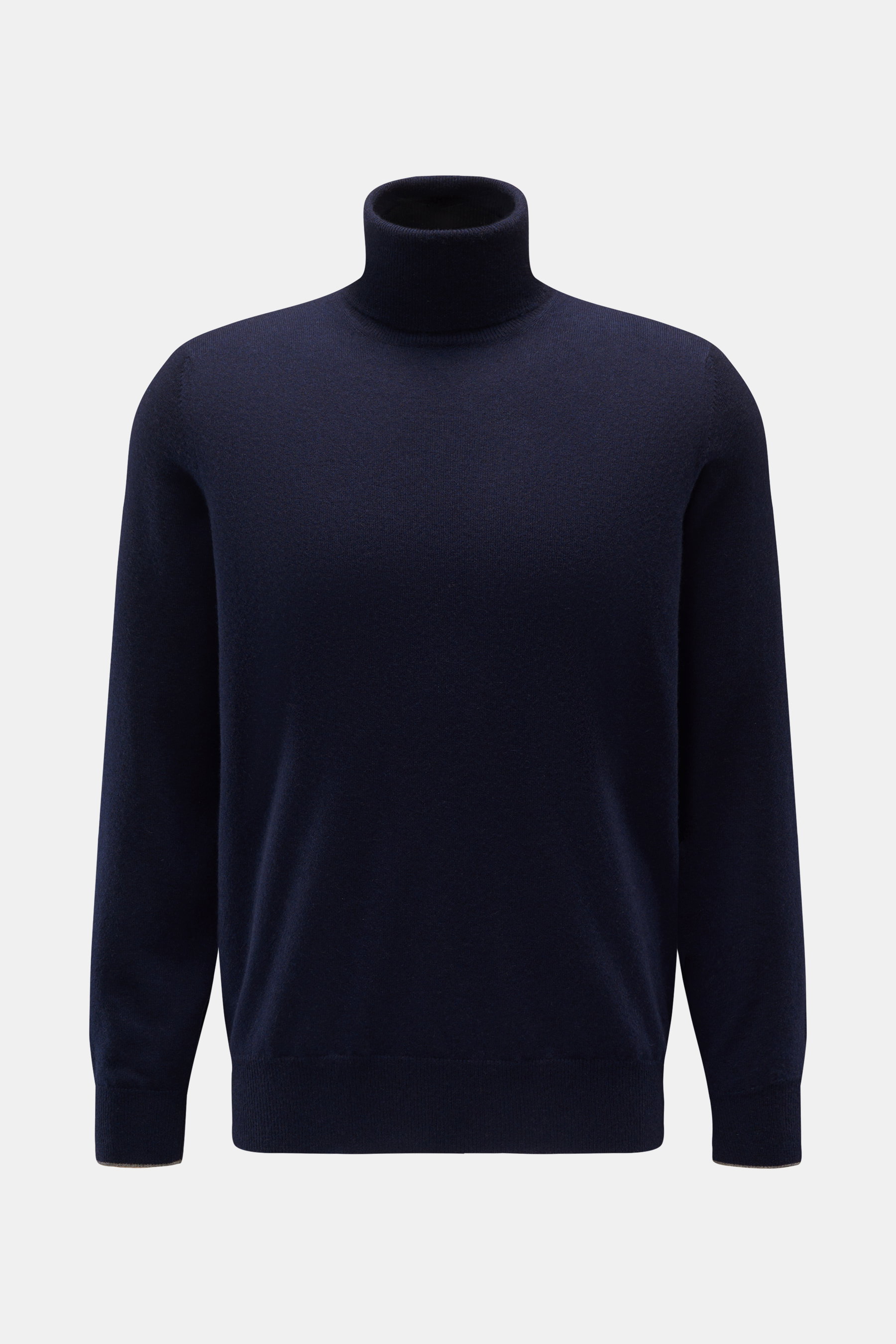 Front view of Brunello Cucinelli Cashmere turtleneck jumper navy in pure cashmere with fine knit, regular fit, rib-knit cuffs, and contrast sleeve edge.