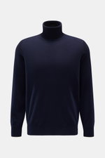 Brunello Cucinelli Cashmere Rollkragenpullover navy, Frontansicht, reiner Cashmere, Regular Fit, feines Strickbild, Rollkragen, Rippbündchen, Kontrastkante.