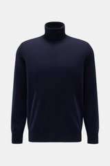 Brunello Cucinelli Cashmere Rollkragenpullover navy, Frontansicht, reiner Cashmere, Regular Fit, feines Strickbild, Rollkragen, Rippbündchen, Kontrastkante.