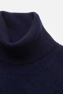 Brunello Cucinelli Cashmere Rollkragenpullover navy, Detailaufnahme von oben, reiner Cashmere, feines Strickbild, Regular Fit, Rollkragen, Rippbündchen, Kontrastkante