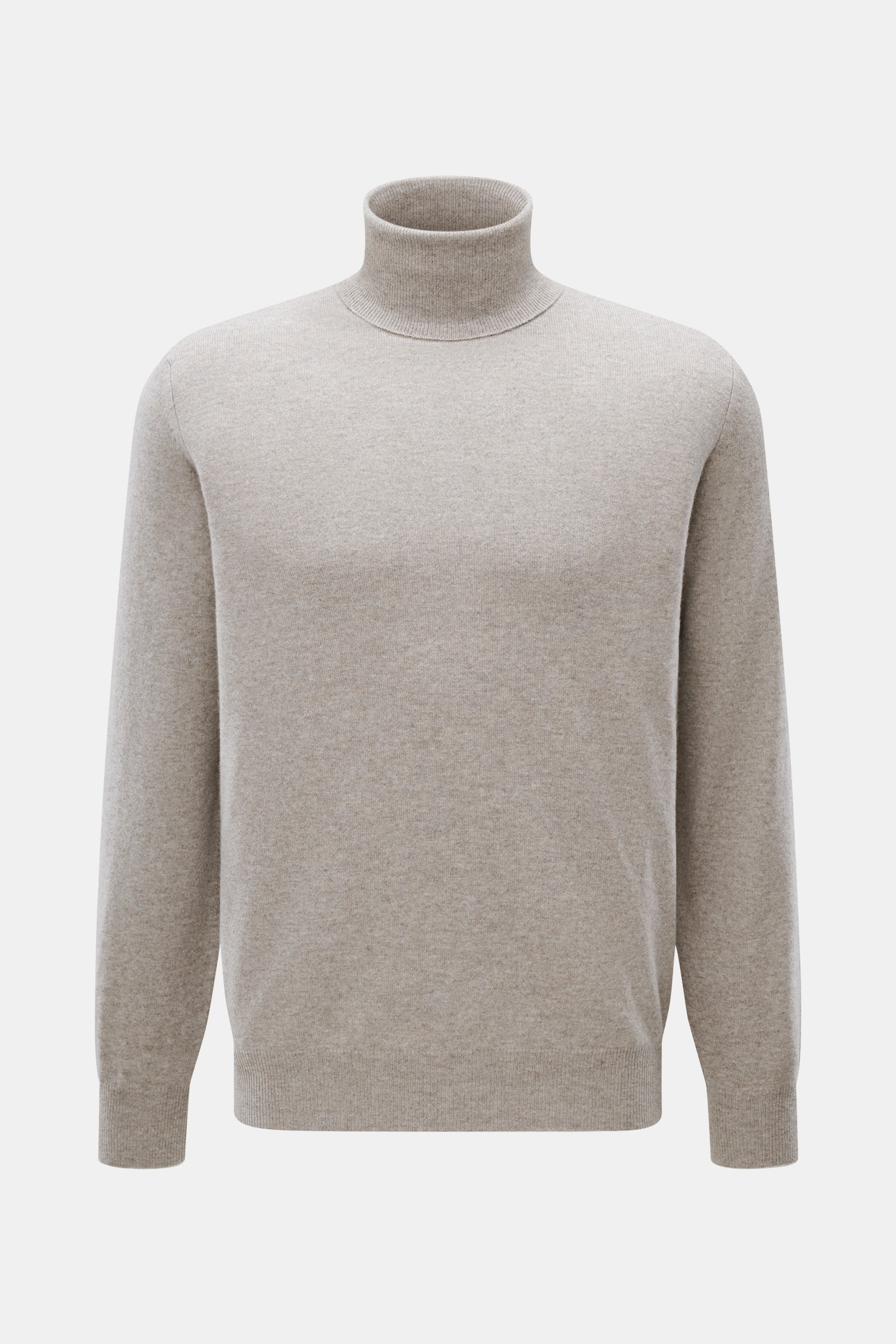 Brunello Cucinelli Cashmere Rollkragenpullover taupe meliert, Frontansicht, reiner Cashmere, feines Strickbild, Regular Fit, Rollkragen, Rippbündchen, Kontrastkante.