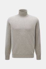 Brunello Cucinelli Cashmere Rollkragenpullover taupe meliert, Frontansicht, reiner Cashmere, feines Strickbild, Regular Fit, Rollkragen, Rippbündchen, Kontrastkante.