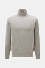 Brunello Cucinelli Cashmere Rollkragenpullover taupe meliert, Frontansicht, reiner Cashmere, feines Strickbild, Regular Fit, Rollkragen, Rippbündchen, Kontrastkante.