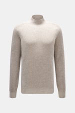 Front view of Brunello Cucinelli Cashmere Mockneck Sweater beige, patent knit, smooth feel, medium-fine knit, slim fit, ribbed cuffs.