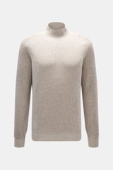 Front view of Brunello Cucinelli Cashmere Mockneck Sweater beige, patent knit, smooth feel, medium-fine knit, slim fit, ribbed cuffs.