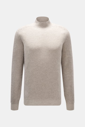 Brunello Cucinelli Cashmere Mockneck-Pullover beige in Slim Fit, Patentstrick aus reinem Cashmere, mittelfeines Strickbild, flexible Rippbündchen, frontal fotografiert.