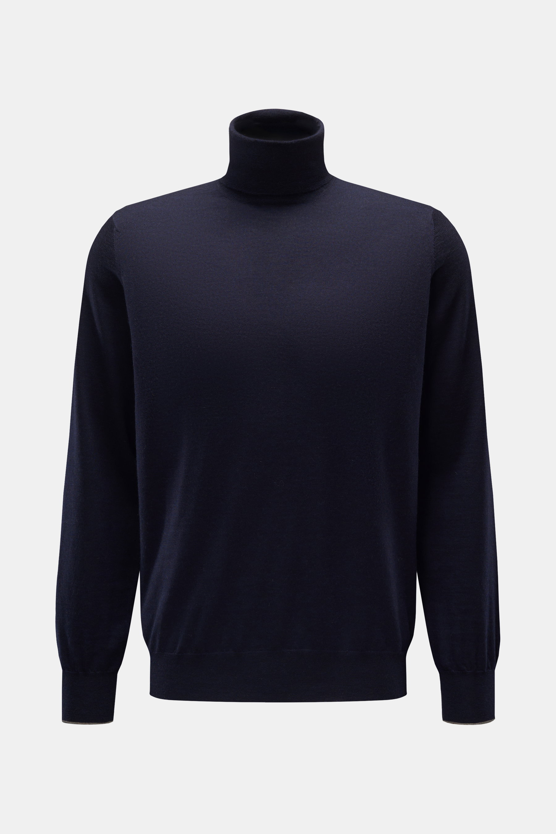 Brustansicht des Brunello Cucinelli Feinstrick-Rollkragenpullovers navy aus Schurwolle und Cashmere mit Rippstrick-Kragen und Bündchen.