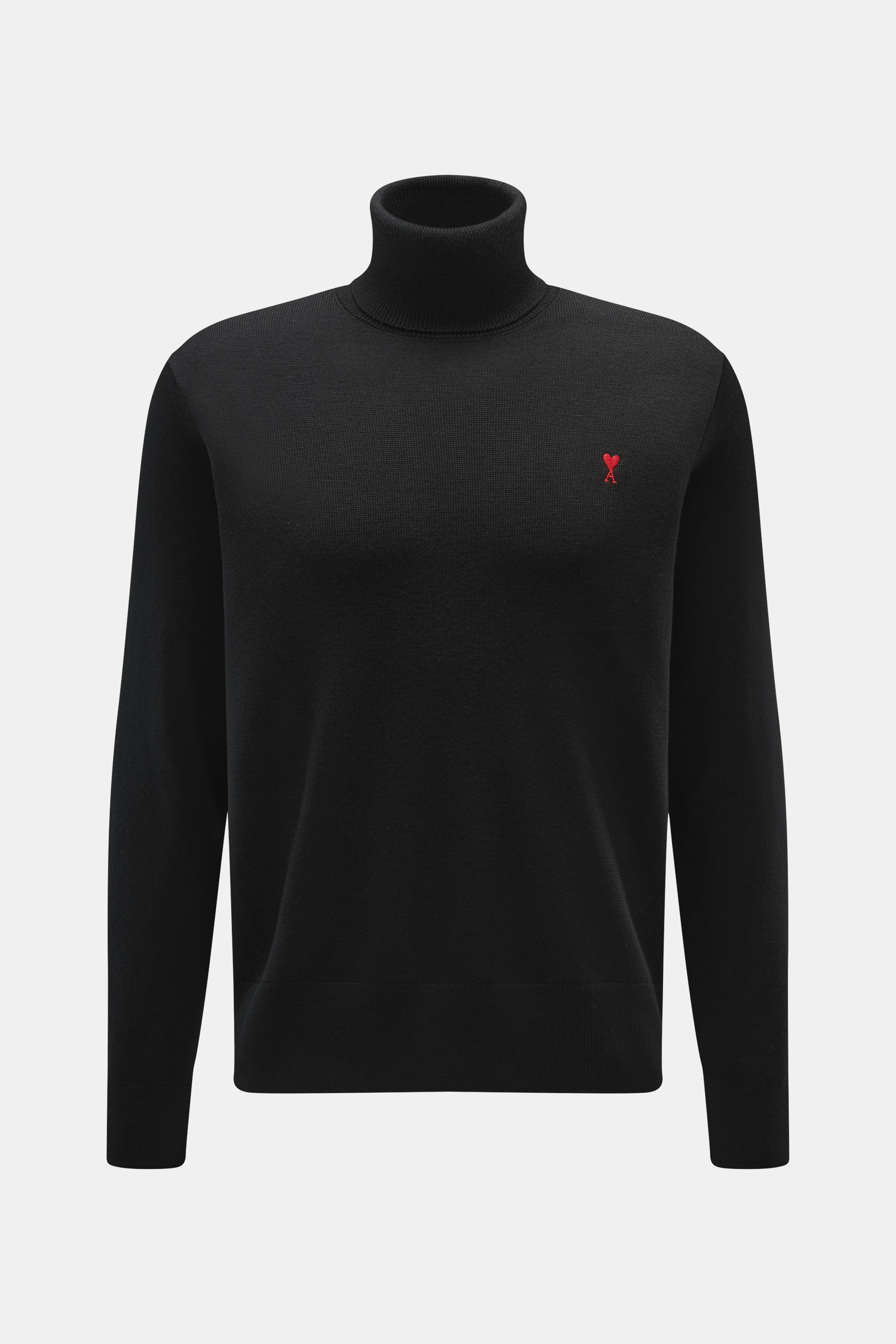 Frontansicht des Ami Paris Merino Rollkragenpullovers schwarz aus reiner Merinowolle mit anliegendem Rollkragen, feinem Strickbild, Logo-Stitching auf der Brust und Rippbündchen. Zeitloses Basic für Büro und Freizeit.