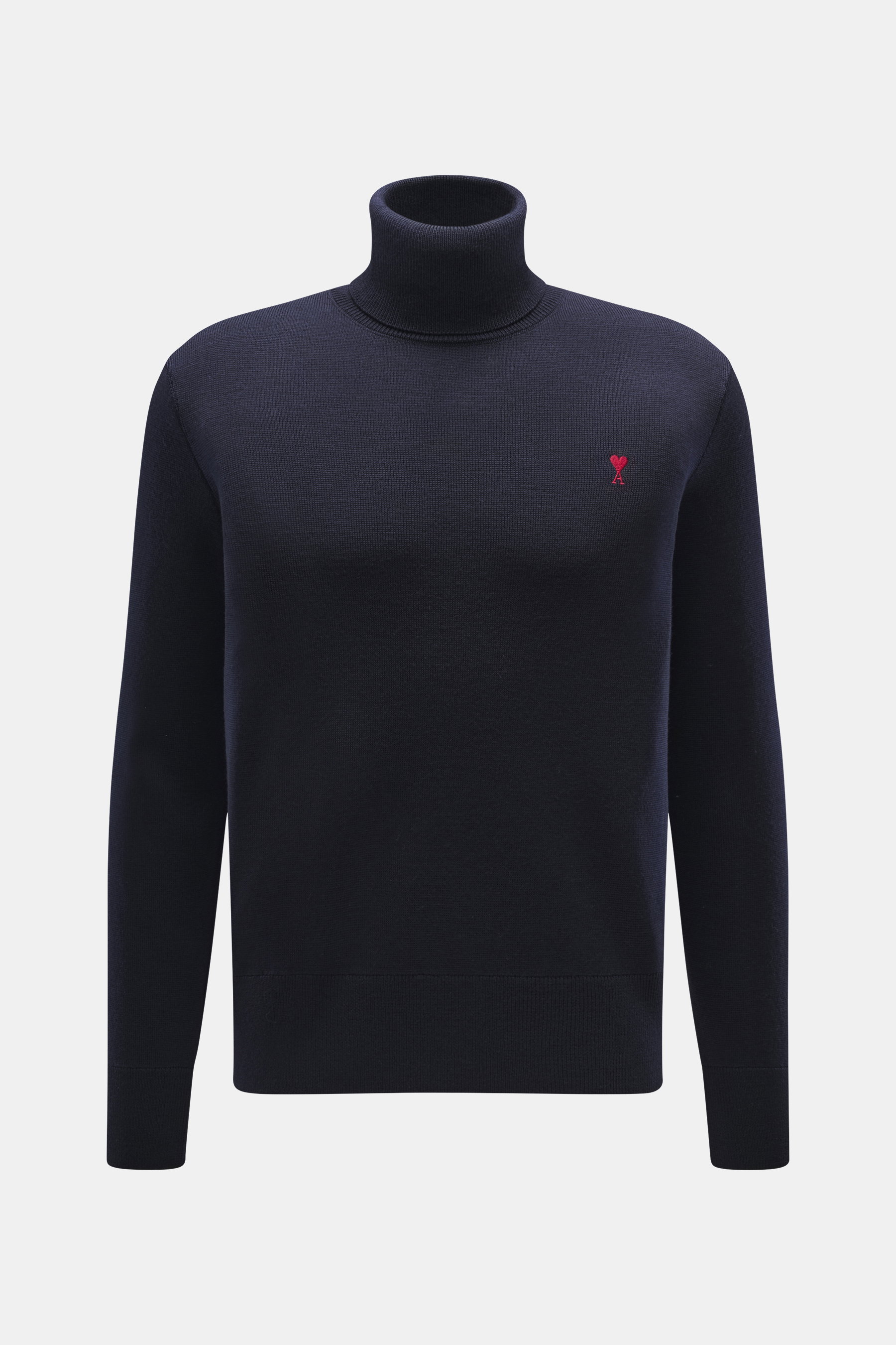 Frontansicht des Ami Paris Merino Rollkragenpullovers navy aus reiner Merinowolle mit anliegendem Rollkragen, Regular Fit, weichem Griff und rotem Logo-Stitching.