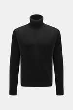 Ami Paris Cashmere Rollkragenpullover schwarz, frontale Nahaufnahme, Cashmere mit Wollanteil, weicher Griff, mittelfeines Strickbild, Regular Fit, anliegender Rollkragen, Logo-Stitching am Saum, komfortable Rippbündchen.