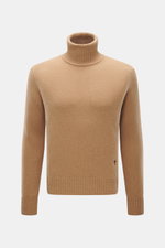 Front view of Ami Paris Cashmere Turtleneck Sweater Light Brown, featuring cashmere with wool content, soft touch, medium fine knit pattern, regular fit, fitted turtleneck, logo stitching on hem, and comfortable ribbed cuffs.